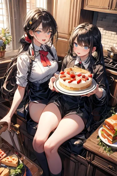 (dynamic angle:1.3, front view:1.1, breast focus:1.3, from above:1.1), (dynamic posing:1.2, sexy posing:1.2), (seductive smiling:1.3), ((looking at cake,Taking a cake out of the golden oven, worried about the outcome:1.2)),highest quality、(real、photorealis...