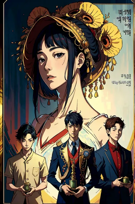 Kdrama, 3 korean boys in high school, movie poster,(by Artist Carrie Ann Baade:1.3)