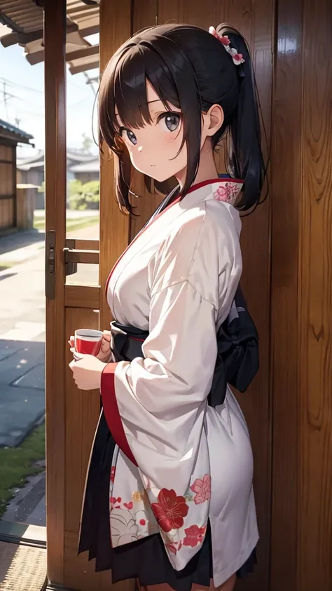 Teenage girl dressed in kimono having tea in front of door of old Japanese house