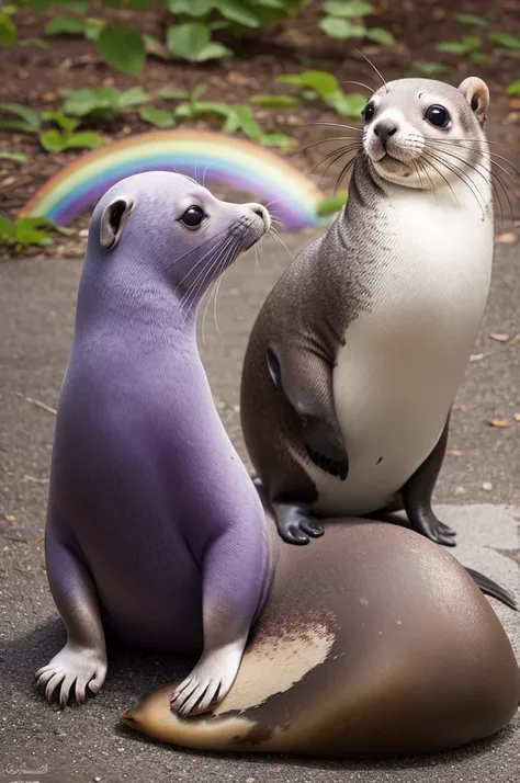 rainbow-colored seal playing with a purple squirrel