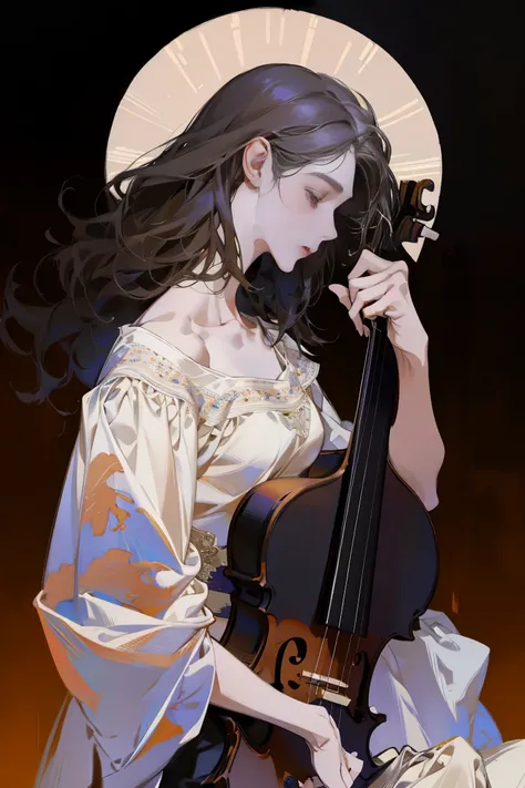 Full body portrait，(Play the cello的女孩的图画), Play the cello, Look up，Close your eyes，White Dress，Mandy Jurgens (Mandy Jurgens) Realistic paintings created, , Figurative Art, A detailed description, Realistically, A work of art, contour， View from the side， S...