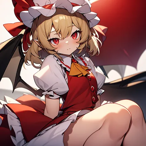 masterpiece, best quality: 1.2, 1girl, remilia scarlet, touhou, blush,tooth, hat, mob cap, solo, blonde hair, red vest,red eyes, vest,white headwear, short sleeves, one side up, puffy sleeves, skirt, shirt, pointy ears, red skirt, looking at viewer, puffy ...