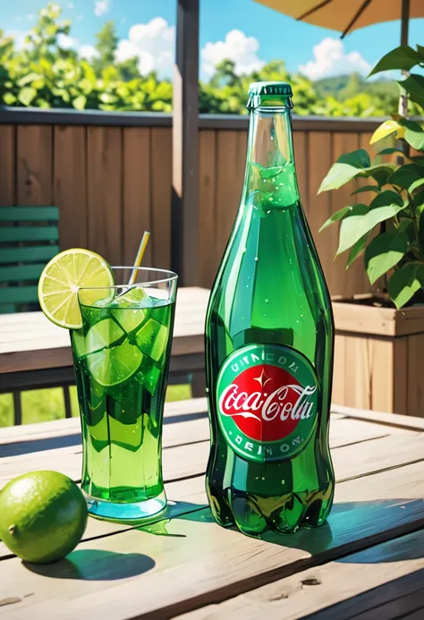 a green glass bottle of soda, on the table, summer noon,