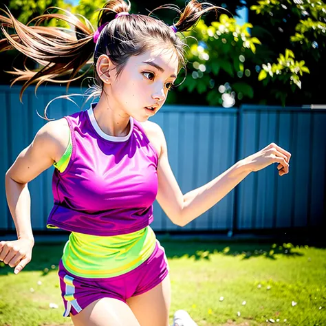 1 girl, solo, running, Gray Track Top, pink shorts, ponytail, athletic build, dynamic brushstrokes, fluid movement, capturing the essence of her athleticism and energy, using light colors and soft tones to create a dreamy and ethereal atmosphere, portrayin...