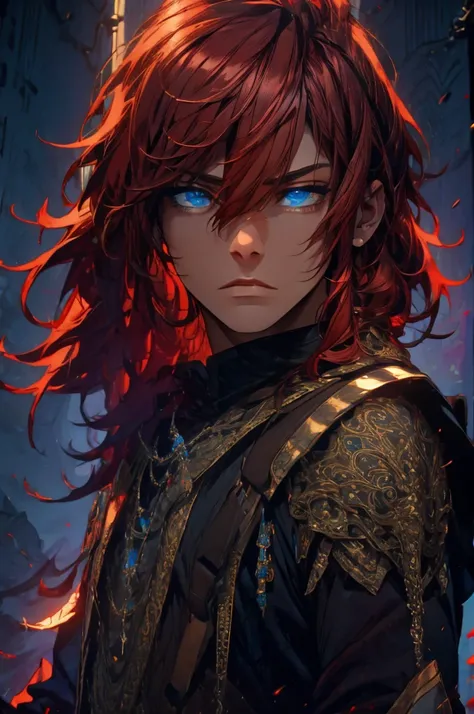 (masterpiece, best quality), intricate details, 1boy, red hair, blue eyes, arthur, black clothes, pauldrons,