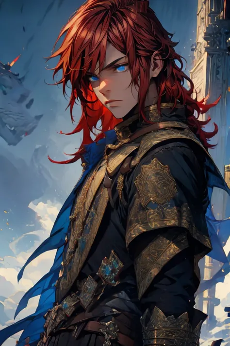 (masterpiece, best quality), intricate details, 1boy, red hair, blue eyes, Arthur, black clothes, pauldrons,