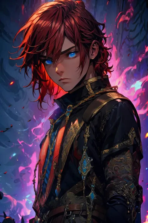 (masterpiece, best quality), intricate details, 1boy, red hair, blue eyes, arthur, black clothes, pauldrons,