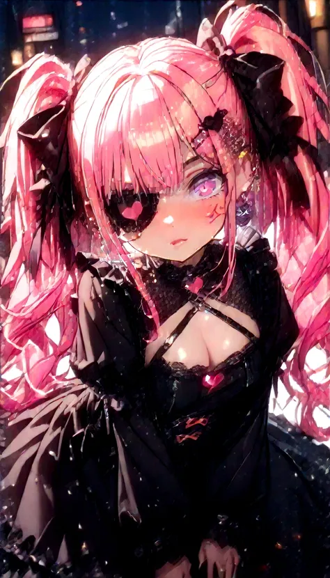 woman((cute,Eye patch(very cute, Gothic Fashion,cute mark):1.3),12 years old,skin(white,青whiteい,Smooth,Silky,Shiny),eye(beautiful,Many star-shaped highlights),Putting on makeup(pink),(anger),(black mouth mask),hair(pink,Twin tails,floating,Rolled up,detail...