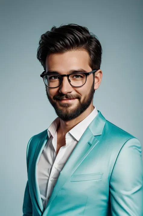 A young men with dark hair,beard,eye-glasses and a simple smile he is dress a black blazer over a white shirt A man is positioned against aqua colour backdrop with a subtle red lighting of the rate site and posing for linkedin profile 