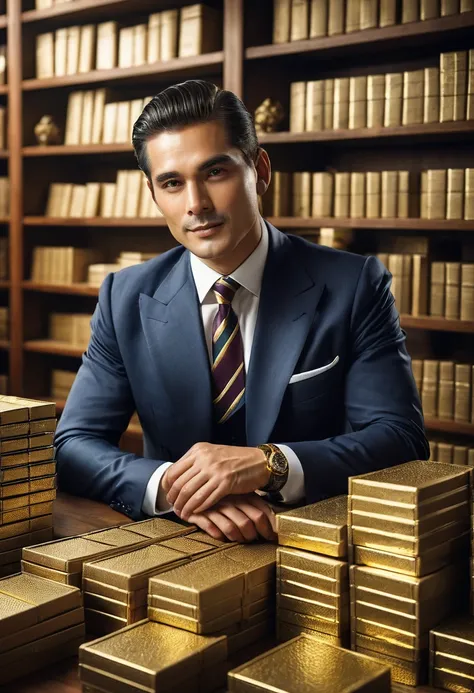 Elegant man, wearing a suit and a tie, seated at a desk, in a confident and professional pose, image background, there are shelves or shelves full of boxes, The boxes are varied and appear to contain valuable treasures, gold", "Old coins", "Gemas Raras", "...