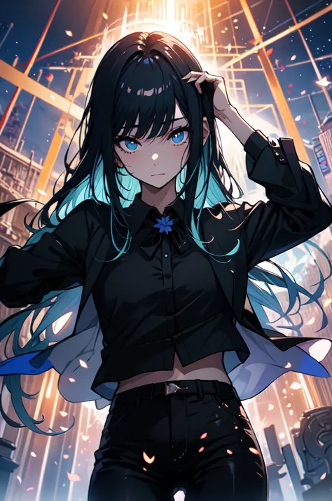 Beautiful hands, Beautiful dresasterpiece, (best quality:1.2), intricate details, ado, 1girl, multicolored hair, long hair, collared shirt, jacket, bangs, long sleeves, blue flower, (mature female:1.2), Ado, (dark blue hair, light blue inner), extra long h...