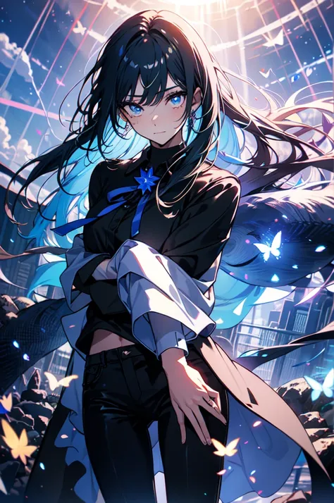 Beautiful hands, Beautiful dresasterpiece, (best quality:1.2), intricate details, ado, 1girl, multicolored hair, long hair, collared shirt, jacket, bangs, long sleeves, blue flower, (mature female:1.2), Ado, (dark blue hair, light blue inner), extra long h...