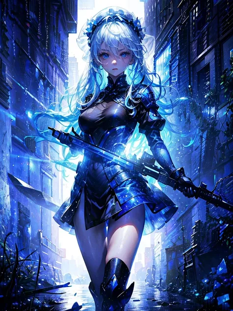 One beautiful woman、Long Field Angle、Highest quality、Super detailed、masterpiece、Transparent light blue hair、Crystal-like hair、Blue eyes that shine like jewels、Wet Hair、City building street、in the rain、Combat Uniform、Have a weapon