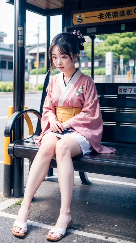 Girl sitting at a bus stop dressed in a kimono