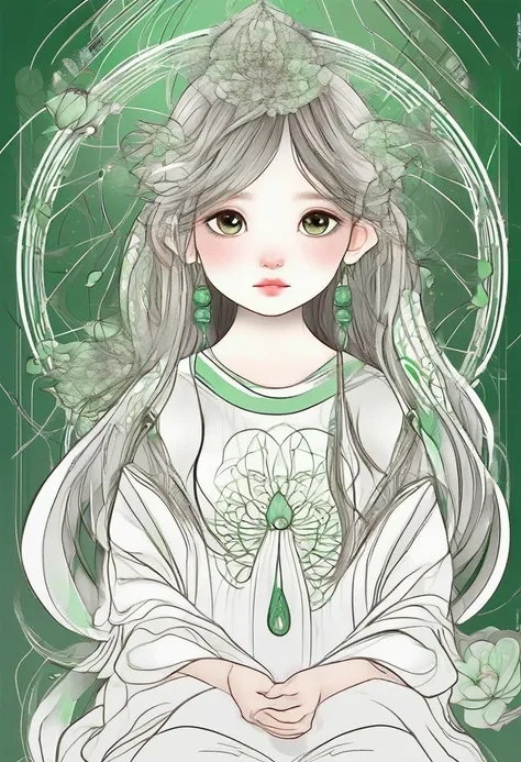 A small girl with a cool face is sitting upright and looking at the viewer.、Long Hair、The background features a large line art of a gentle goddess.、White background、Dark green lines、Fractal Art Lines、Zendangle Art、Masterpiece、Ultra-detailed、8K