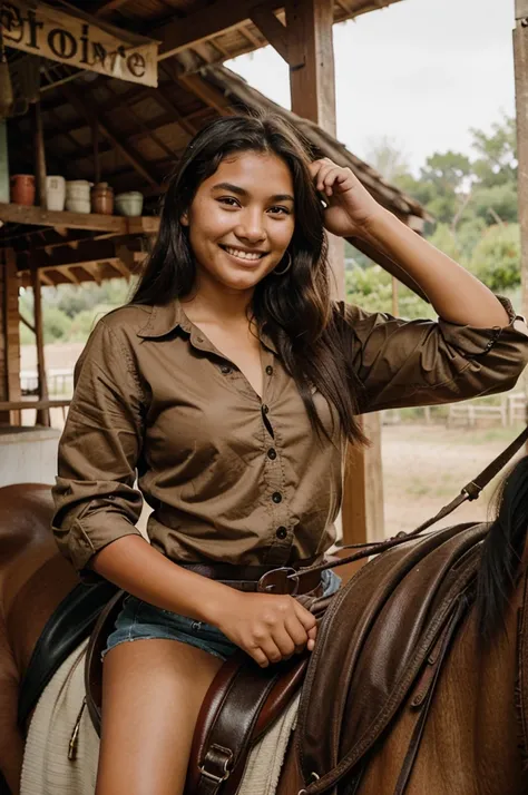 Indigenous 18 years old girl riding a horse, chuckle smile
