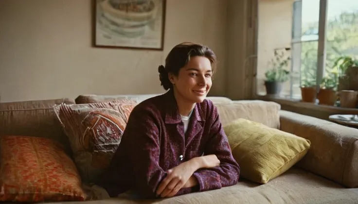 An analog photo of a woman with translucent Hgrande colors, leisurely lounging on a sofa adorned with plush pillows, 1960s kitchen with retro style at the background, 1963 50mm vintage beautiful photo, morning light, Kodak Camera, soft focus, hq, warm ligh...