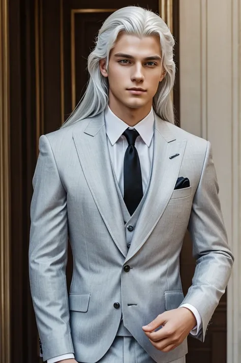 young man with very elegant/royal aura. he has white hair in a fancy mullet, clear eyes and dressed in a suit or something similar