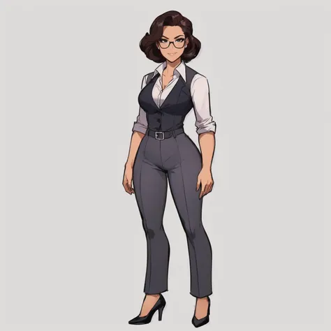 a cartoon of a woman in a business suit and heels, character full body portrait, female lead character, full body character port...