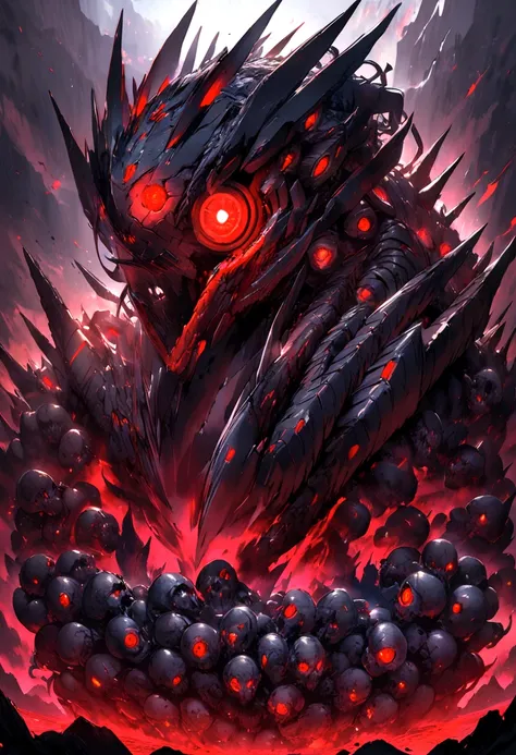 cyber monster , black color with red eyes on a mountain of skulls 