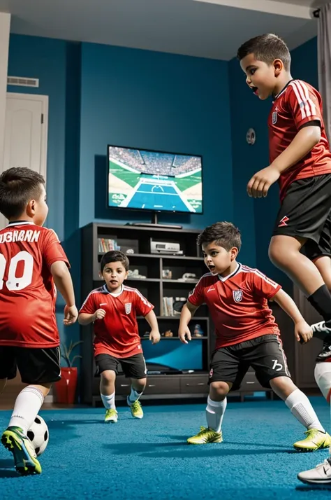 Obese children playing soccer on video game at home 