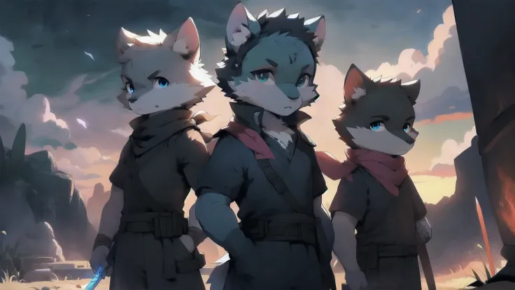 Wolf，juvenile，male，Gray-black fur，Sky blue eyes，Black combat uniform，scarf，Holding a long sword，scabbard，Draw the sword，permanent，The only one,dawn，illumination，Break，bust