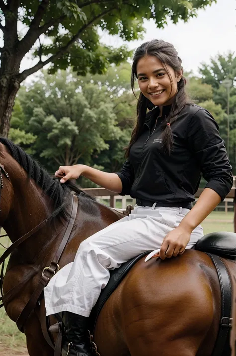 Indigenous 18 years old girl riding a horse, chuckle smile
