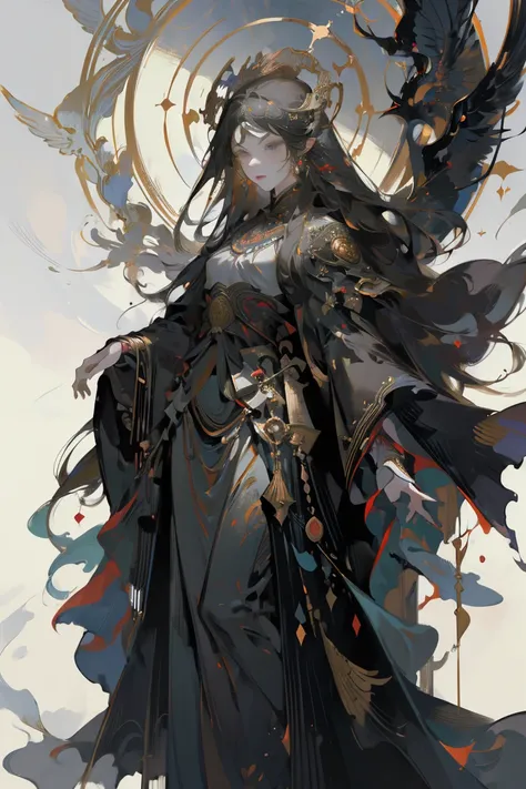 (Designed by nty:1.4),Full body portrait of a girl, Yoshitaka Amano character setting,solo,Angelic, Symmetrical Beauty, Angel Wings, Gorgeous long skirt, stand up, (((solo))), Color matching，Clear facial features, Clean lines design, Magic Elements, future...