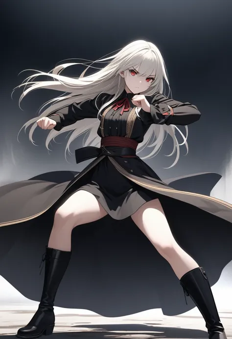 Girl, 20 years old, with long white hair down to below her waist, a serious yet tender expression, and red eyes. Her hair features black streaks. She wears antique-style clothing, a long black dress with a slit on the legs, and high black boots that almost...