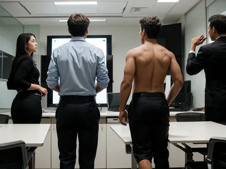 Back view of a standing businessman Meeting with employees in a conference room with laptop computers.