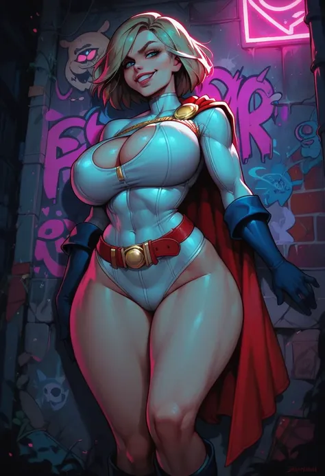 score_9, score_8_up, score_7_up, score_6_up, aesthetic , power girl, huge breasts, graffiti background, night, neon signs, in city, outdoors, in alley, dutch angle,  mischievous face, smug, naughty face, g0thicPXL, close up, against wall, dark, shady, blue...