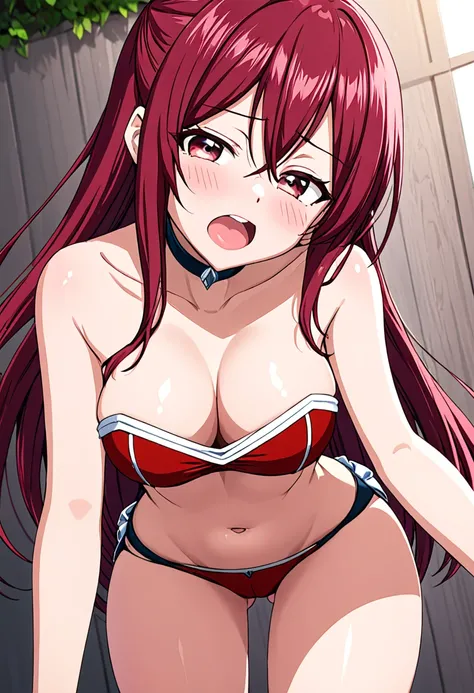 (masterpiece, best quality:1.2), (1girl, solo), (High quality:1.4), (High detailed:1.2), Sakimi-chan, Erza Scarlet, a girl with 18 years old, (strapless cropped open underboob, mini-shorts), ((deepthroat)), (Ahegao face),