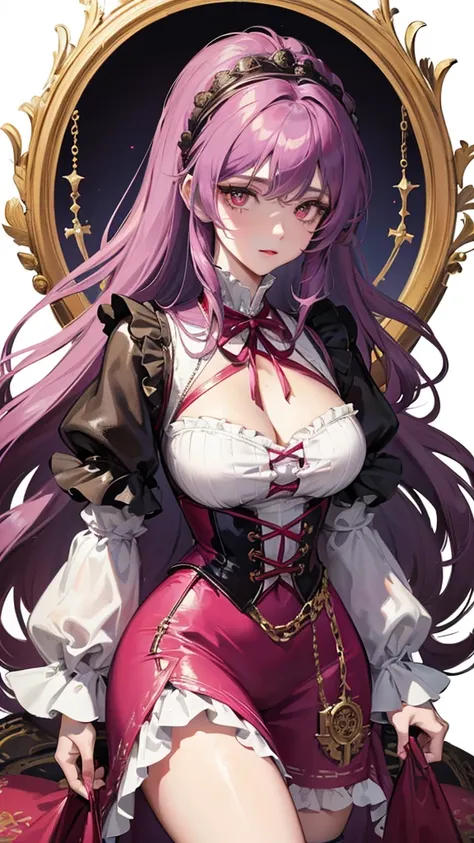 A young woman in a Victorian inspired outfit, with a mix of elegance and dark fantasy. She has long curly light-violet hair and piercing red eyes. Her outfit includes a white lolita dress with intricate blue and gold embroidery, adorned with blue roses and...