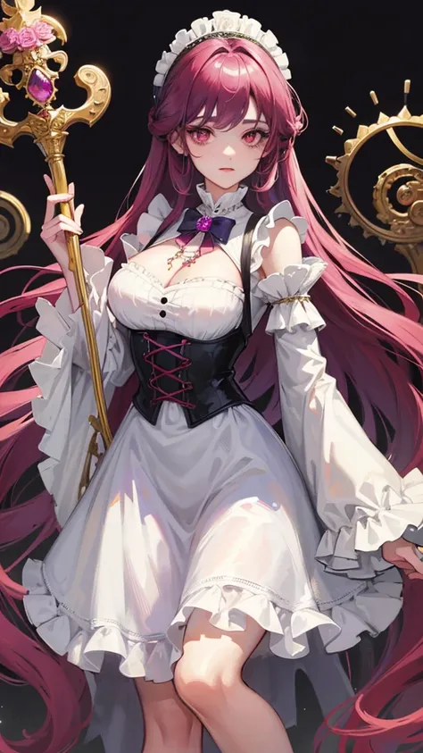 A young woman in a Victorian inspired outfit, with a mix of elegance and dark fantasy. She has long curly light-violet hair and piercing red eyes. Her outfit includes a white lolita dress with intricate blue and gold embroidery, adorned with blue roses and...