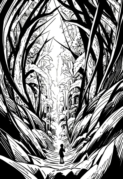 Rainforest，Two-point perspective composition，Black and white line drawing