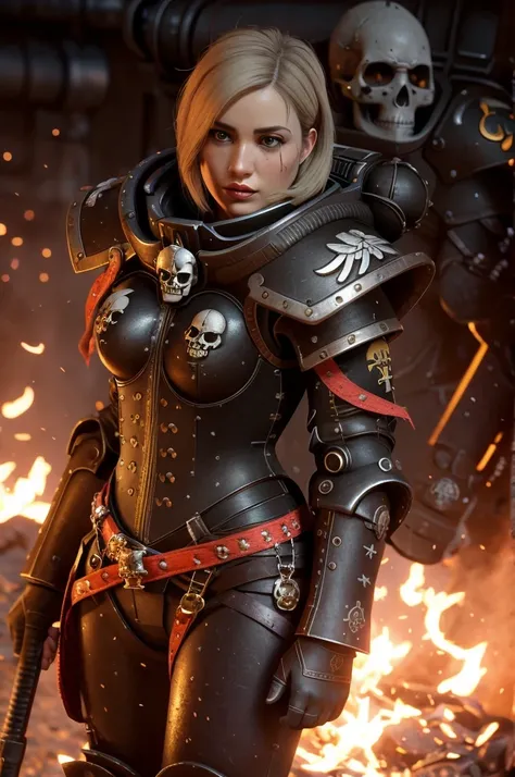 a highly detailed and realistic portrait of a beautiful blonde woman wearing power armor with a skull emblem, looking directly a...