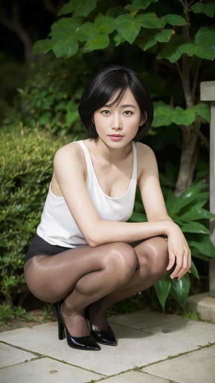 Japanese,young, (alone), 30 years old, (double),whole body,short hair, Glamour, Pure white skin, Photographed from the front,Observe the audience、(Black Tank Top)、(Black Pantyhose),Black high heels、garden、Squat,