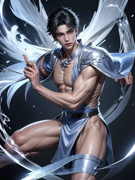 (Martial arts style works),(quality),(height)   ,1 boy,light black eyes, Short, dark indigo white hair., alone,(Detailed background of a young boy),A handsome, cool and detailed face.,fairy tale,(dragon race),The body is muscular and shiny...,Swordsman,,li...