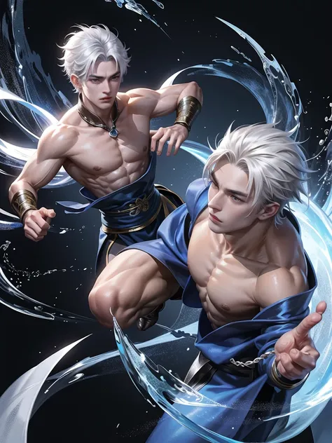 (Martial arts style works),(quality),(height)   ,1 boy,light black eyes, Short, dark indigo white hair., alone,(Detailed background of a young boy),A handsome, cool and detailed face.,fairy tale,(dragon race),The body is muscular and shiny...,Swordsman,,li...