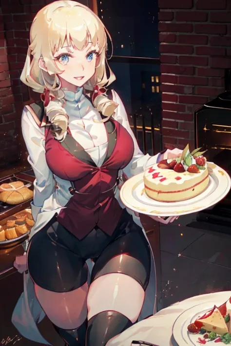 (dynamic angle:1.3, front view:1.1, breast focus:1.3, from above:1.1), (dynamic posing:1.2, sexy posing:1.2), (seductive smiling:1.3), ((looking at cake,Taking a cake out of the golden oven, worried about the outcome:1.2)),highest quality、(real、photorealis...