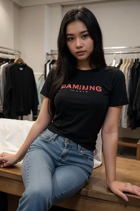 Beautiful Indonesian woman, 20 years old, long black hair, wearing a blue t-shirt, black jeans, sitting in a boutique clothing store