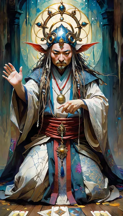 tarot card, the high priest, ((text on card: "EL SUMO SACERDOTE"))artwork by Brian Froud and Carne Griffiths and Wadim Kashin, intricate details, oil
