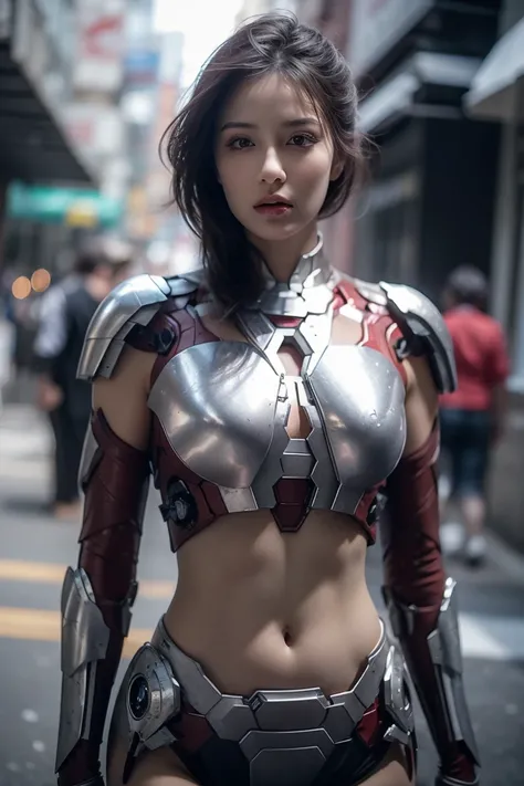 A girl wearing Iron Man armor，Exposing sexy belly,((cowboy shot))，Looking at the camera，Detailed facial features, beautiful eyes, Lips, and long eyelashes, Reality, 8K， Very detailed, Studio Lighting, Dramatic Lighting, Vibrant colors, work, City Streets，T...