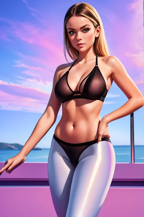 "An ultra-detailed 8k masterpiece, better quality and high saturation. The image features an outfit illustration with a beautiful SEXY European girl wearing tight, see-through leggings, and a black bikini, White sneakers"