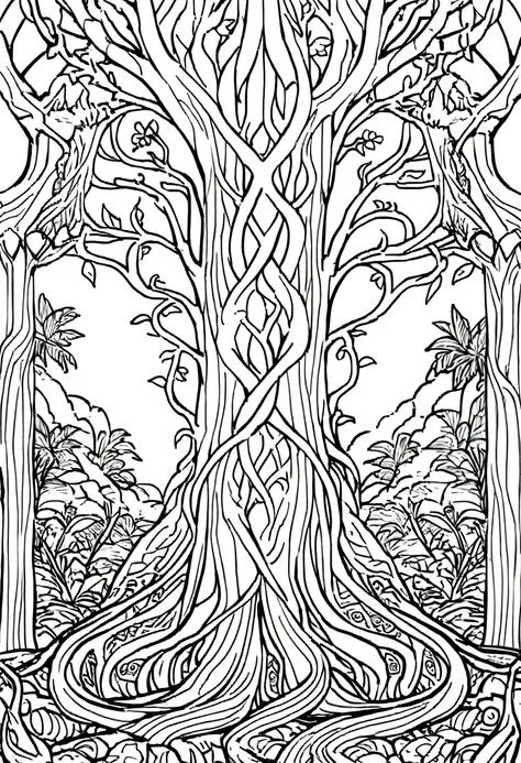 Rainforest，Big tree with vines entwined，Black and white line drawing，Line Art