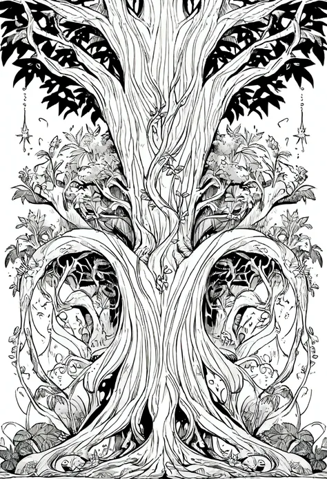 Rainforest，Big tree with vines entwined，Black and white line drawing，Line Art