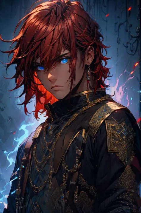 (masterpiece, best quality), intricate details, 1boy, red hair, blue eyes, arthur, black clothes, pauldrons,