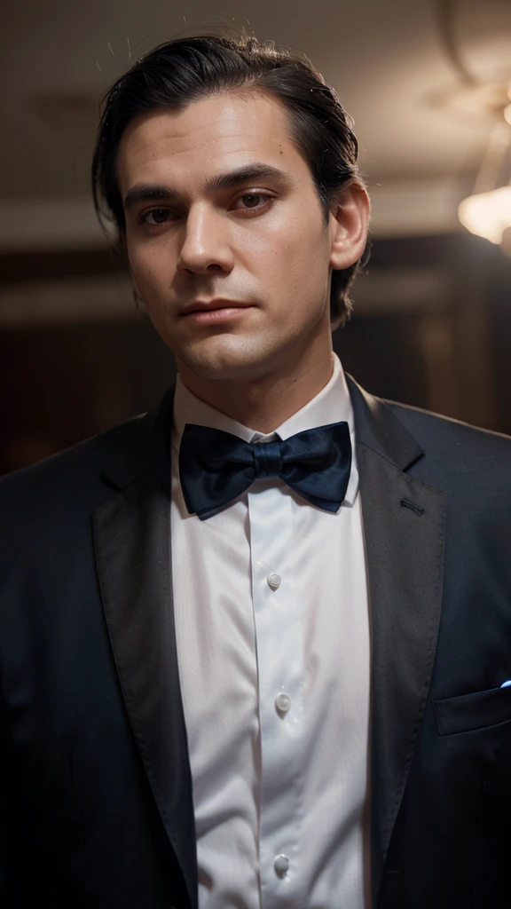 cinematic, low angle shot, man, mature, tall, tnin, black hair, short side part hairstyle, clean shaven, scar on right cheek, wears midnight blue tuxedo, white dress shirt, black silk bow tie, red rose boutonniere, drinks marthini, on party in casino, even...