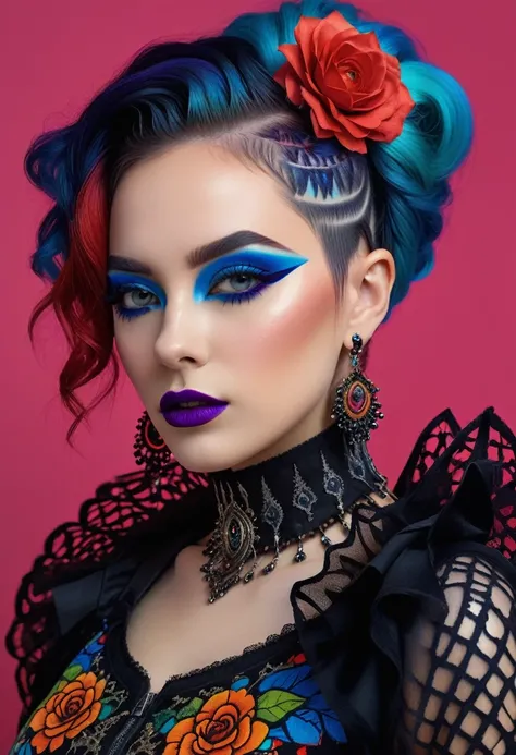 (best quality, 4K, 8K, high-resolution, masterpiece), ultra-detailed, photorealistic, striking young woman, bold Neo-Gothic makeup, bold Neo-Gothic hair, vibrant Pop Art inspired outfit, intricate facial designs, modern fashion, high fashion, vibrant color...