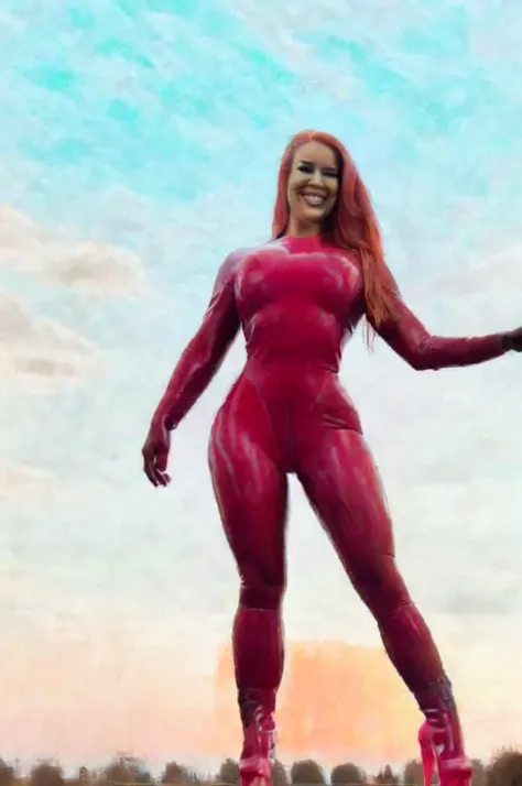 evedef, green eyes, orange hair, flowing cape, pink bodysuit, gloves, shorts, boots, looking at viewer, smiling, flying, in the air, blue sky, clouds, extreme detail, masterpiece,
